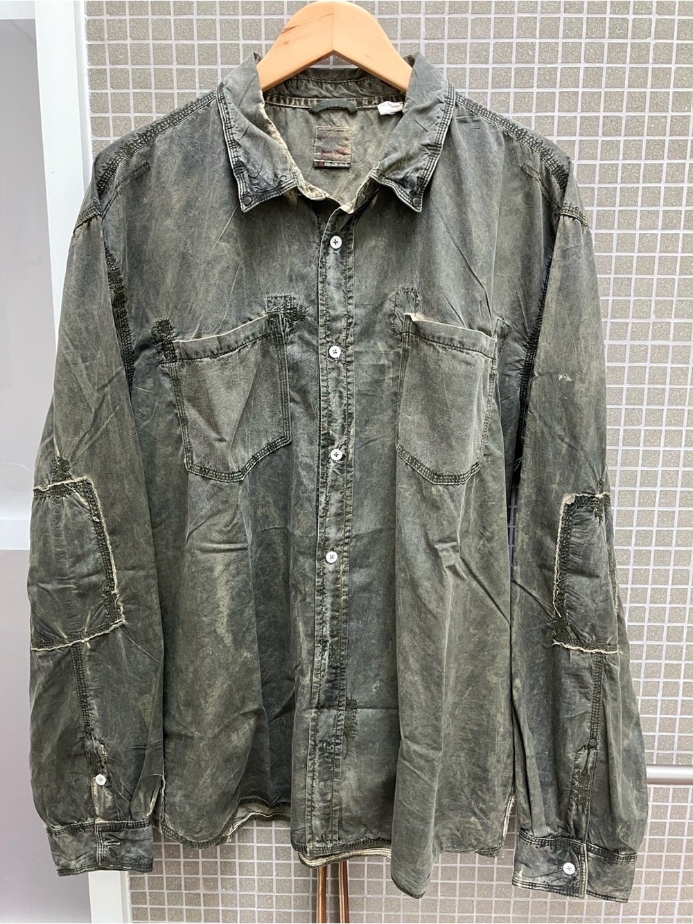 Triple Five Soul Distressed Olive Green Button-Down Shirt